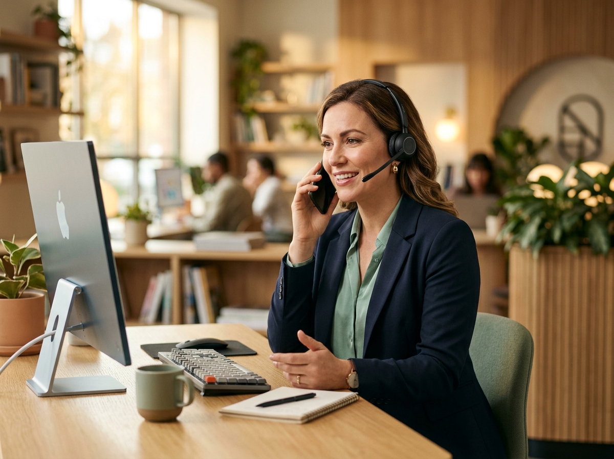 Receptionist wearing a headset answering a call at her desk