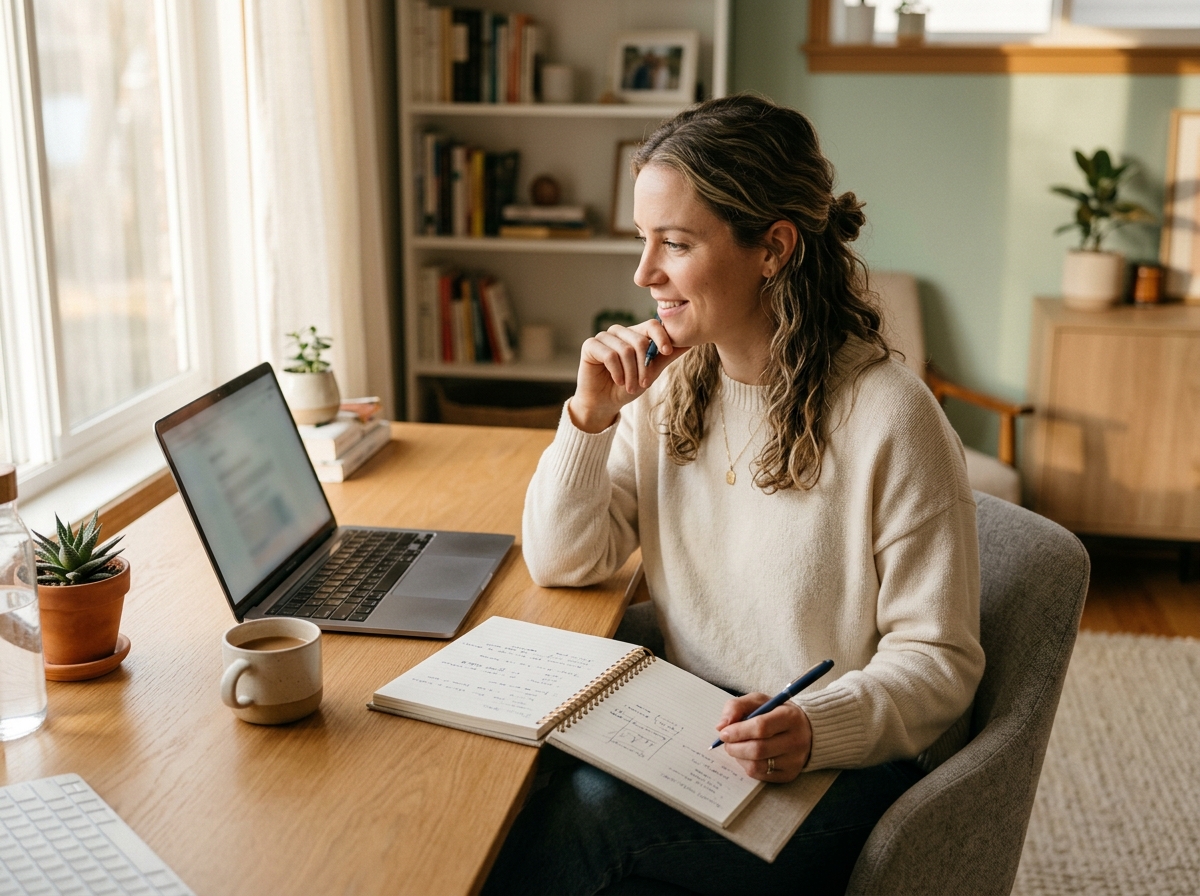 Content writer reviewing an article at her desk