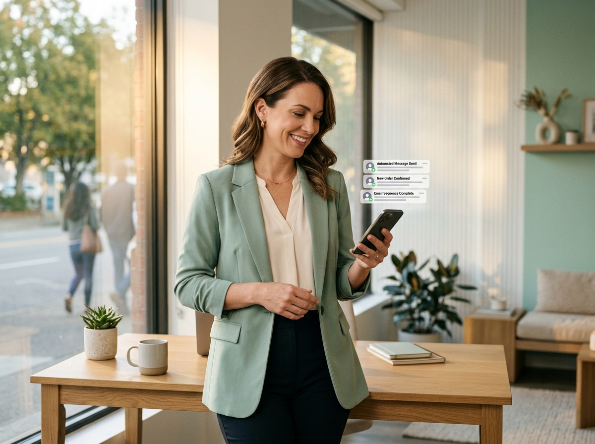 Business owner checking automated follow-up messages on her phone