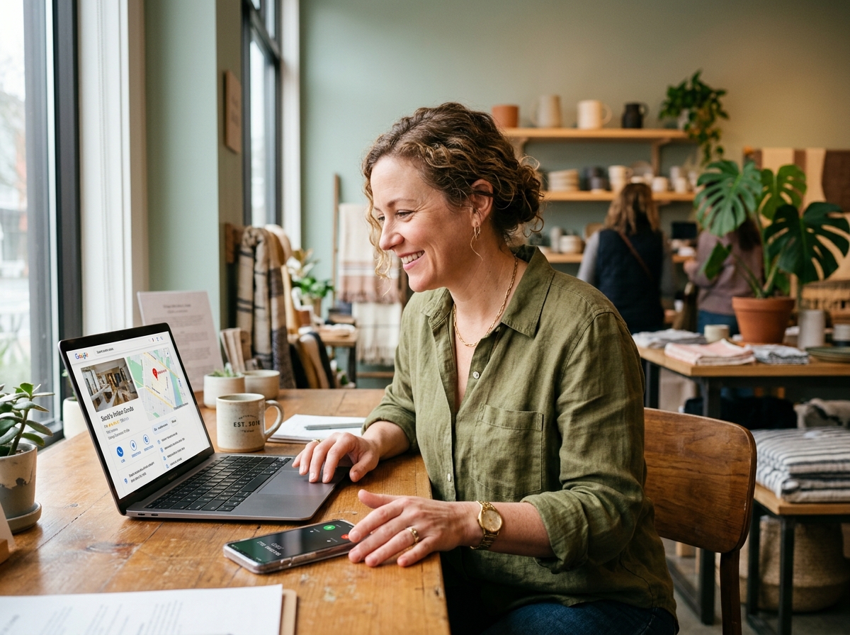 Business owner checking their Google Business Profile on a laptop, phone ringing beside them