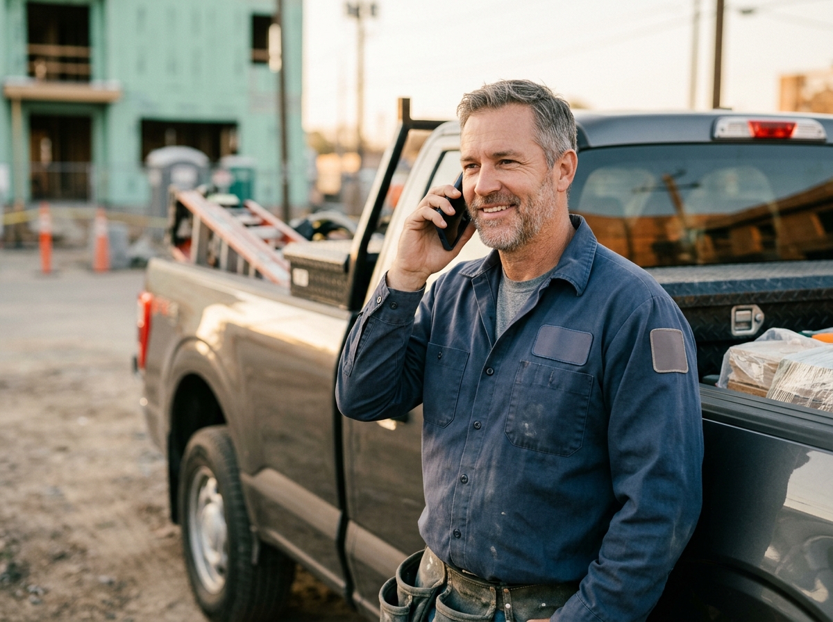 Tradesman business owner near his truck taking a call, phone held to his ear, as a new lead comes in