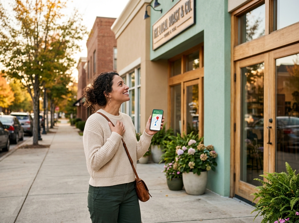 Woman holding her phone showing map directions, looking up at the storefront it led her to