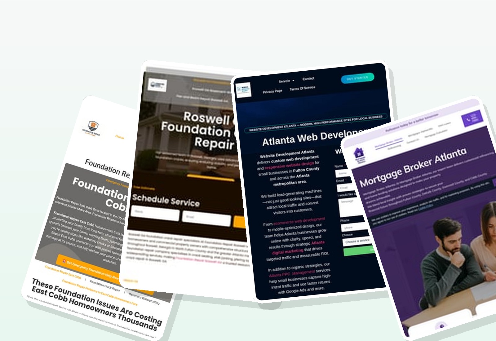 A fanned-out display of several real websites built by All Action Marketing