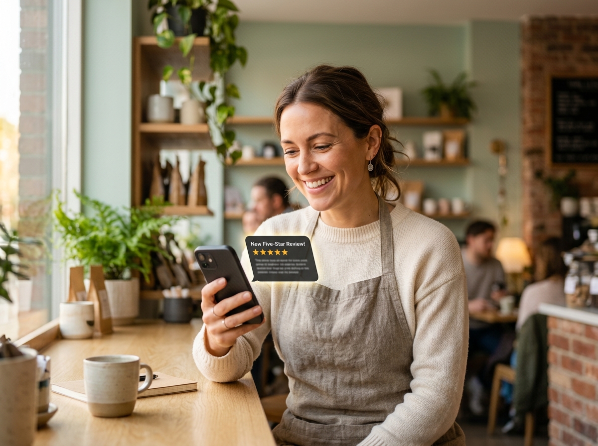 Business owner smiling at their phone reading a new five-star Google review notification