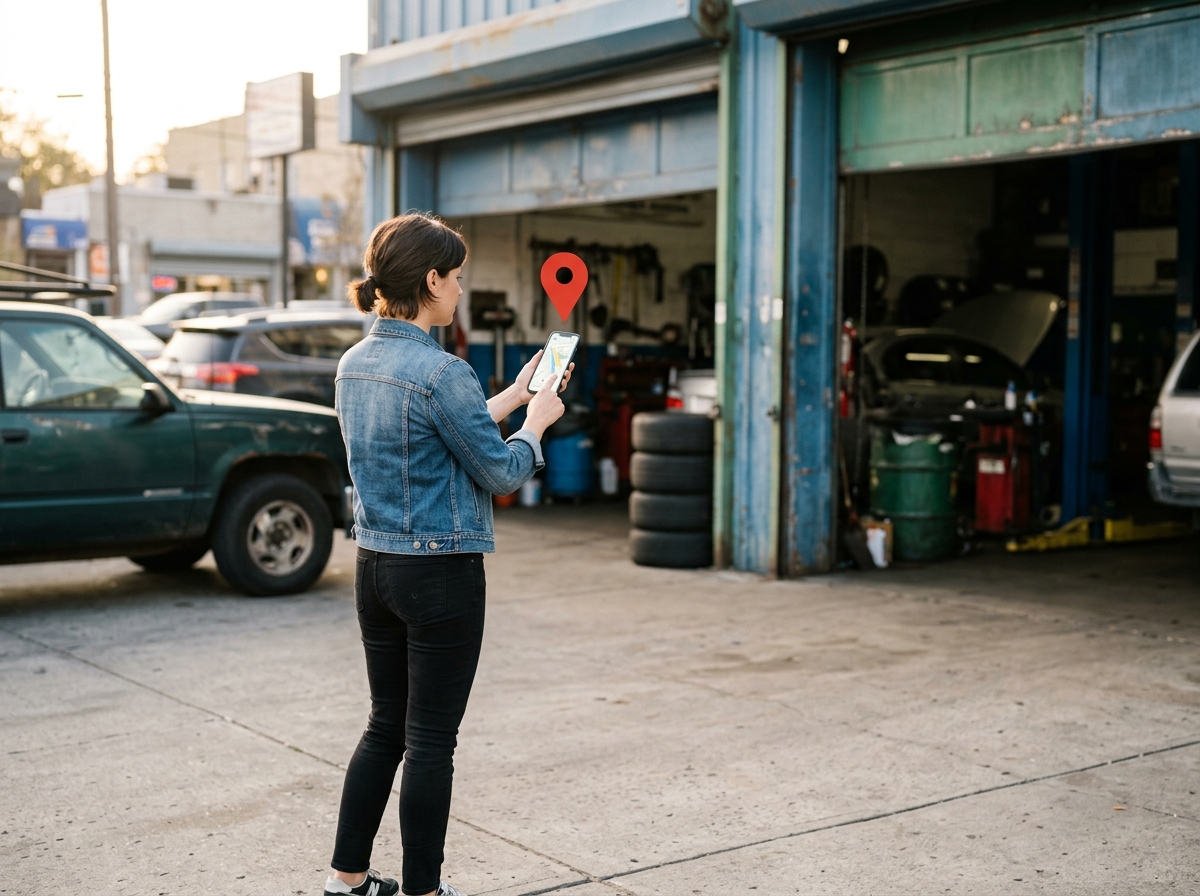 Customer arriving at a local blue-collar business she found on Google Maps