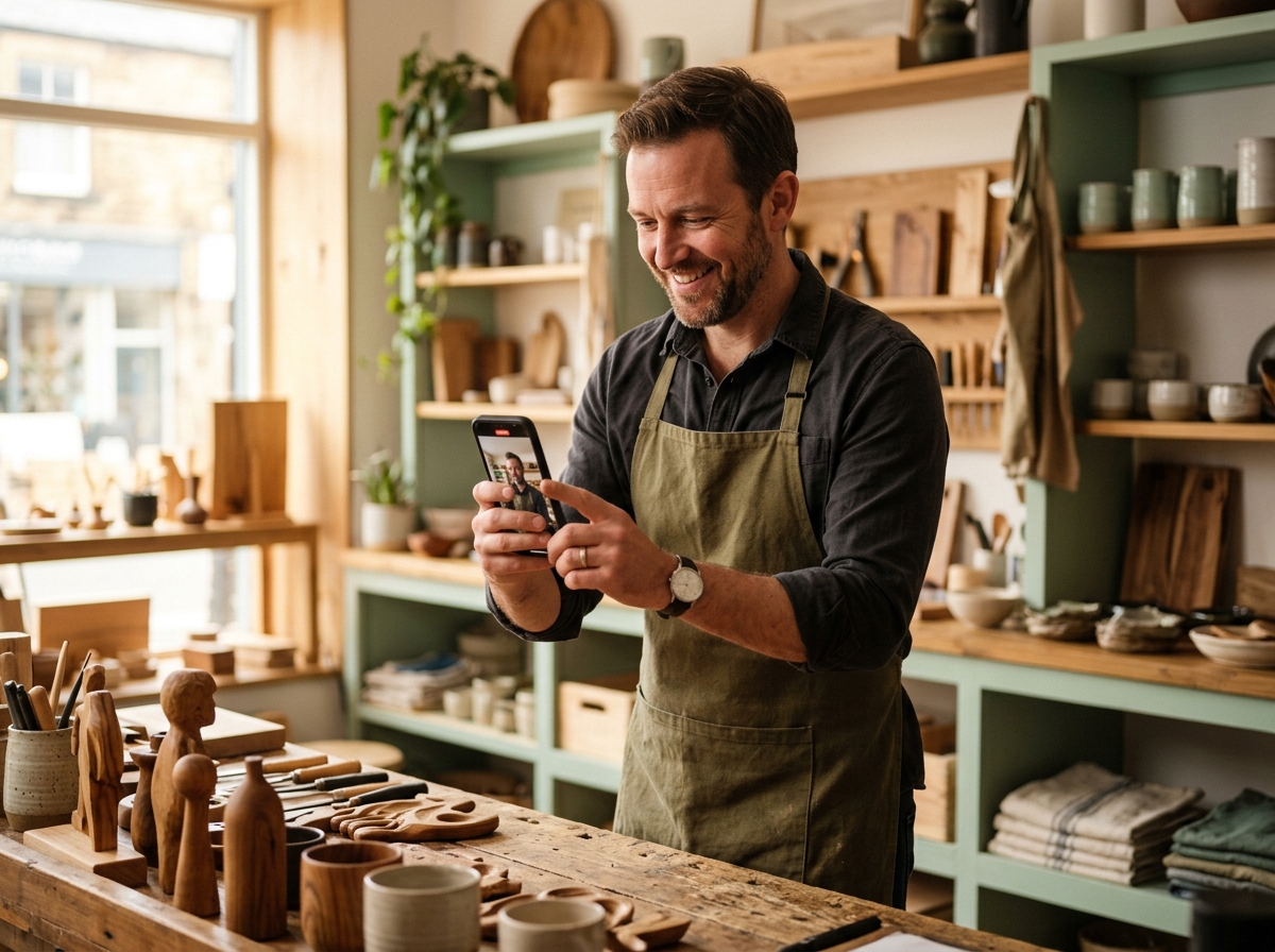 Local business owner photographing his work for social media