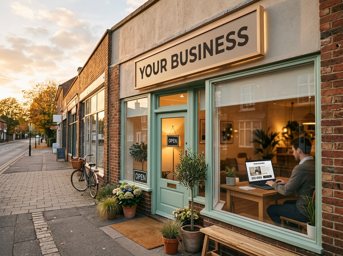 An ordinary small business storefront with a YOUR BUSINESS sign and its own website visible through the window